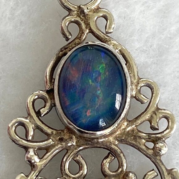 Sterling Silver 925 Oval Opal Titanium Druzy Scrollwork Pendant Necklace 18" - Picture 5 of 16